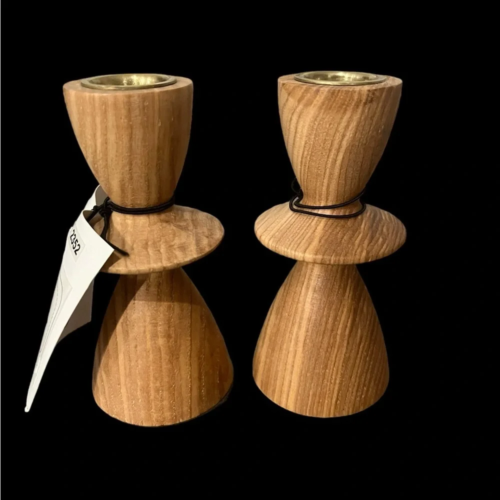 NWT West Elm Wood Taper Candle Stick Holder #2352 ~ Set of 2